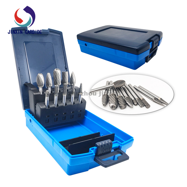 6mm Shank 10pcs Tungsten Carbide Burr ชุดพร้อมกล่องกุหลาบสีน้ำเงิน